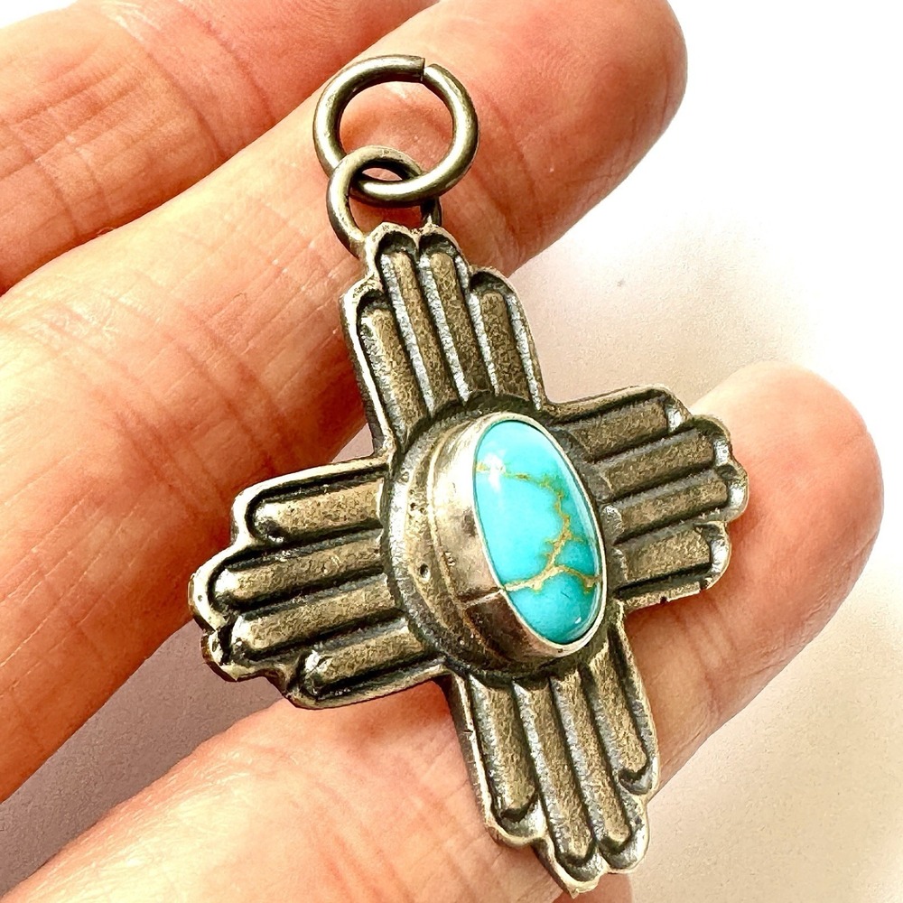 Navajo Zia Symbol Pendant Turquoise 1.75in NM Signed K Billah Sterling Native - Picture 2 of 6